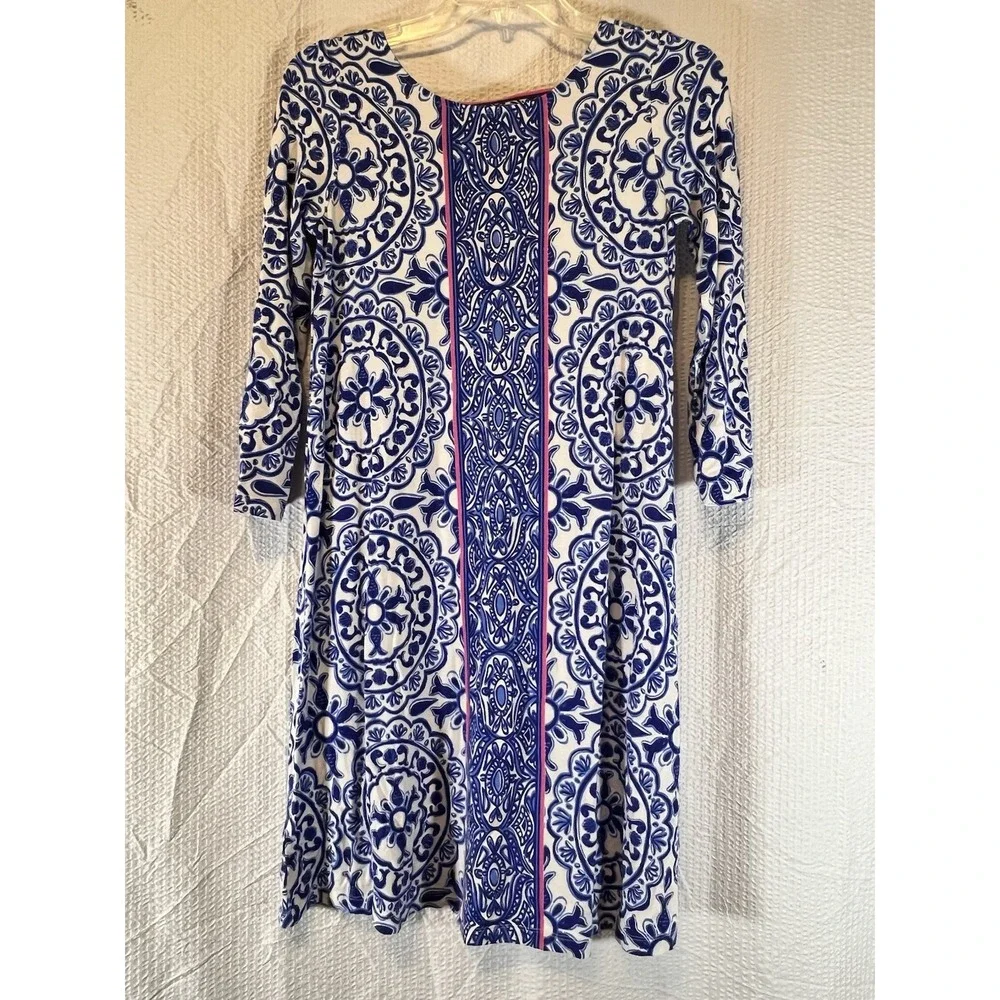 Lilly Pulitzer Women's XS Blue White Flora Stretch A-line Dress Knee Straps‎ - Picture 2 of 10